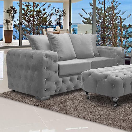 Worley Malta Plush Velour Fabirc 3 Seater Sofa In Silver_1