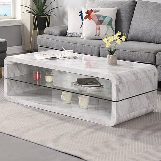 Xono High Gloss Coffee Table With Shelf In Magnesia Marble Effect_1