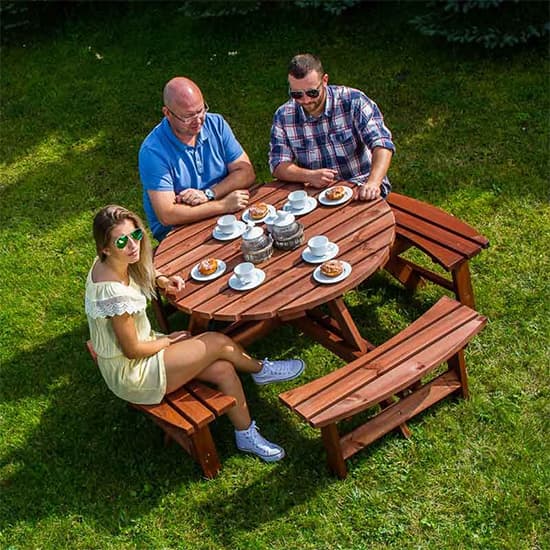 Yetta Timber Picnic Table With 8 Seater Benches In Brown_6