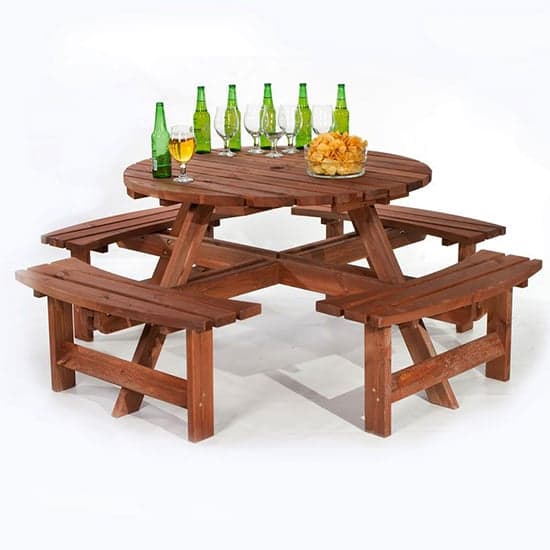Yetta Timber Picnic Table With 8 Seater Benches In Brown_1