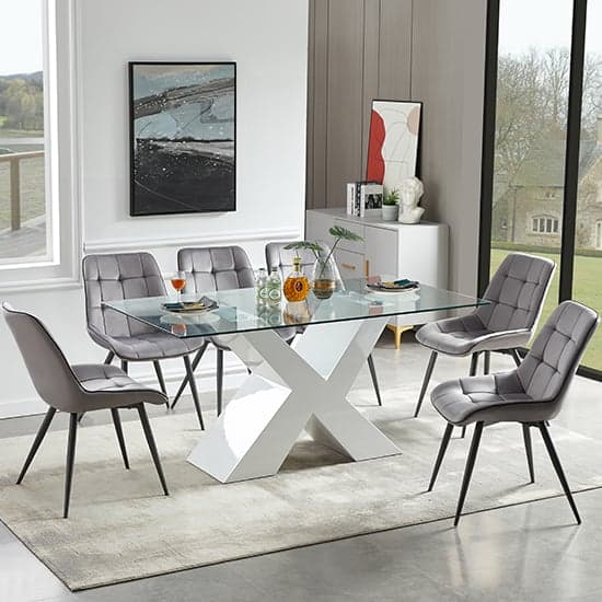 Zanti Glass Dining Table In White Base With 6 Pekato Grey Chairs_1