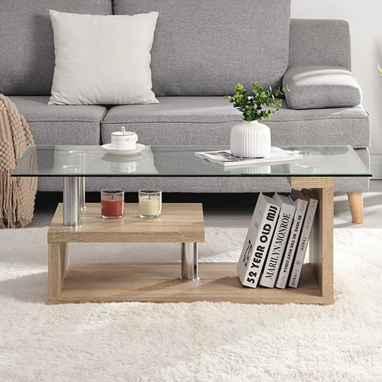 Zariah Clear Glass Coffee Table With Oak Wooden Base Furniture in Fashion