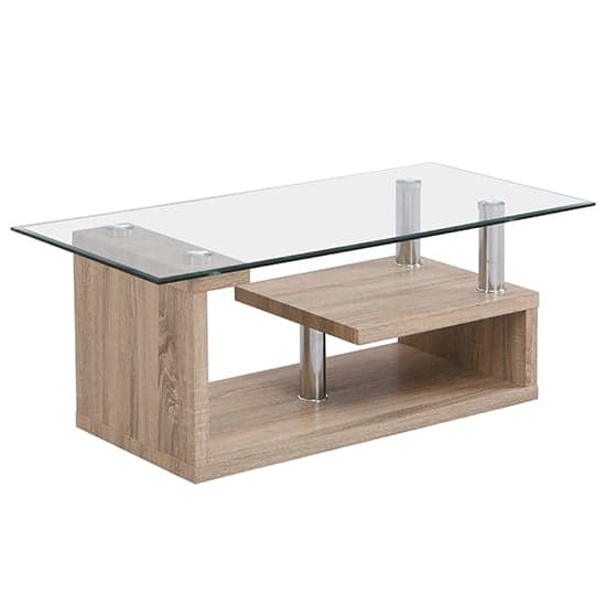 Zariah Clear Glass Coffee Table With Oak Wooden Base_3