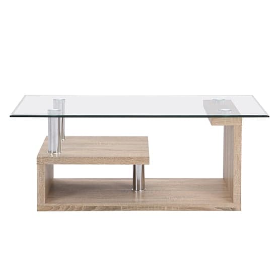 Zariah Clear Glass Coffee Table With Oak Wooden Base_4