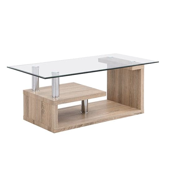 Zariah Clear Glass Coffee Table With Oak Wooden Base_6