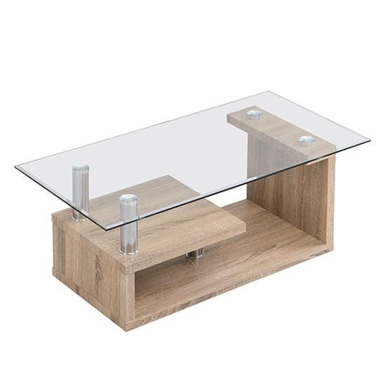 Zariah Clear Glass Coffee Table With Oak Wooden Base_7