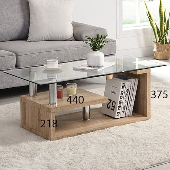 Zariah Clear Glass Coffee Table With Oak Wooden Base_11