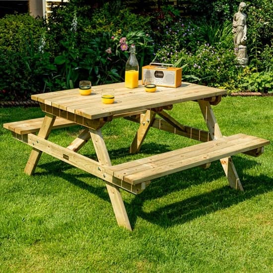 Zox Wooden 4 Seater Picnic Dining Set In Natural Timber