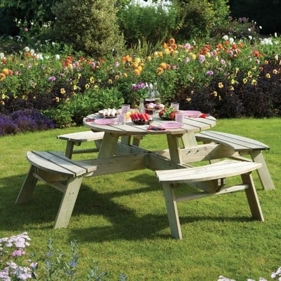 Zox Round Wooden 8 Seater Picnic Dining Set In Natural Timber
