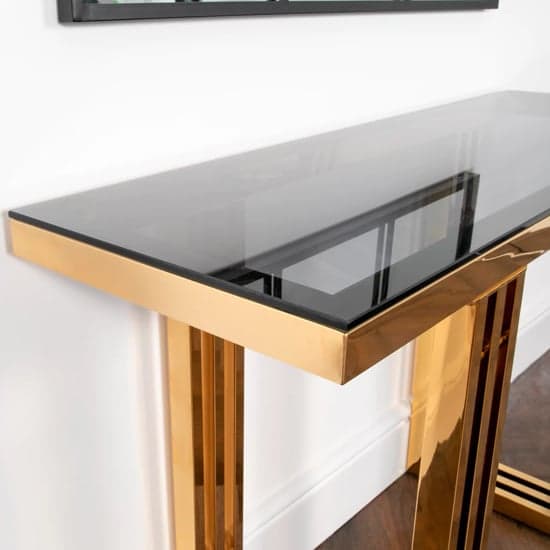 Zurich Smoked Glass Console Table With Gold Metal Frame_2