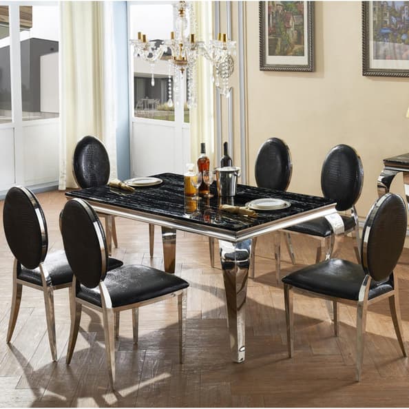 Aella Marble Dining Table With 6 Black Chairs In Natural Stone