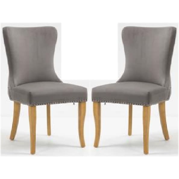 Arvada Steel Grey Velvet Dining Chairs With Oak Legs In Pair