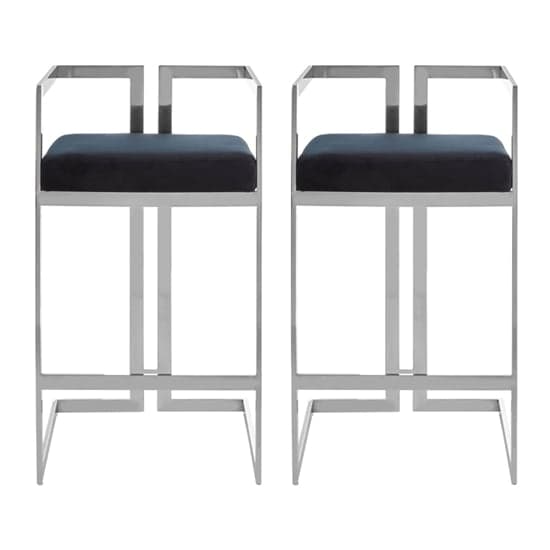 Azaltro Black Velvet Bar Stools With Silver Metalframe In Pair