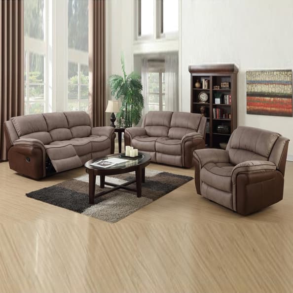 Claton Faux Leather Fabric Recliner Sofa Suite In Taupe And Tan
