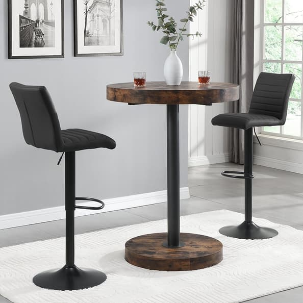 Havana Rustic Oak Bar Table With Black Base 2 Ripple Black Stools