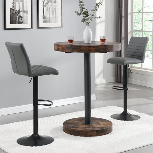 Havana Rustic Oak Bar Table With Black Base 2 Ripple Grey Stools