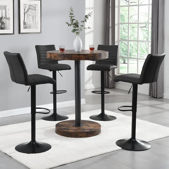 Havana Rustic Oak Bar Table With Black Base 4 Ripple Black Stools