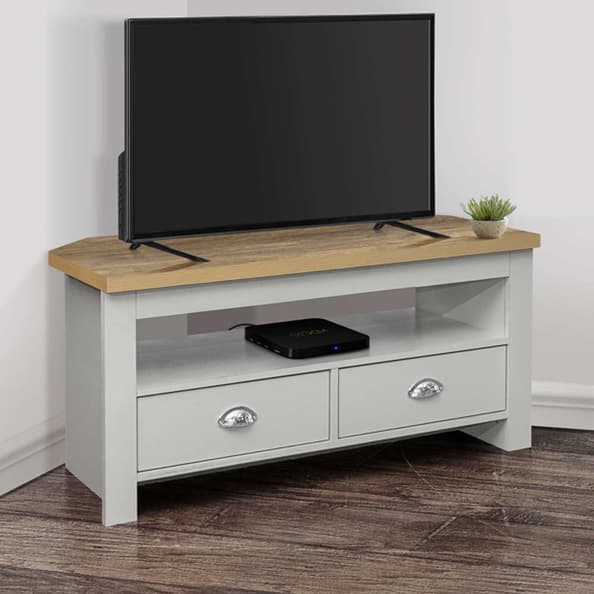 Highland Wooden Corner TV Stand With 2 Drawers In Grey And Oak