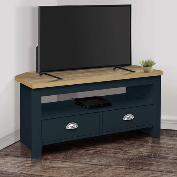 Highland Wooden Corner TV Stand With 2 Drawers In Navy Blue And Oak