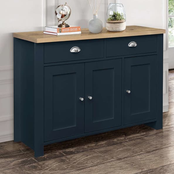 Highland Wooden Sideboard With 3 Doors 2 Drawers In Blue And Oak