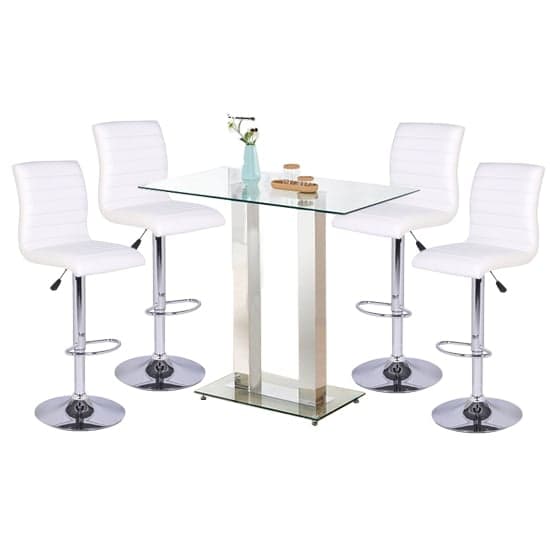 Jet Clear Glass Top Bar Table With 4 Ripple White Stools