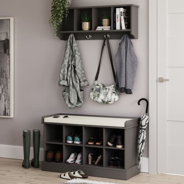 Keswick Wooden Shoe Seating Bench With Wall Coat Rack In Grey