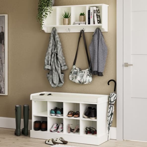 Keswick Wooden Shoe Seating Bench With Wall Coat Rack In White
