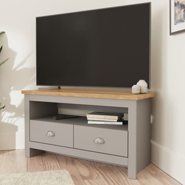 Loftus Wooden Corner TV Stand With 2 Drawers In Grey And Oak