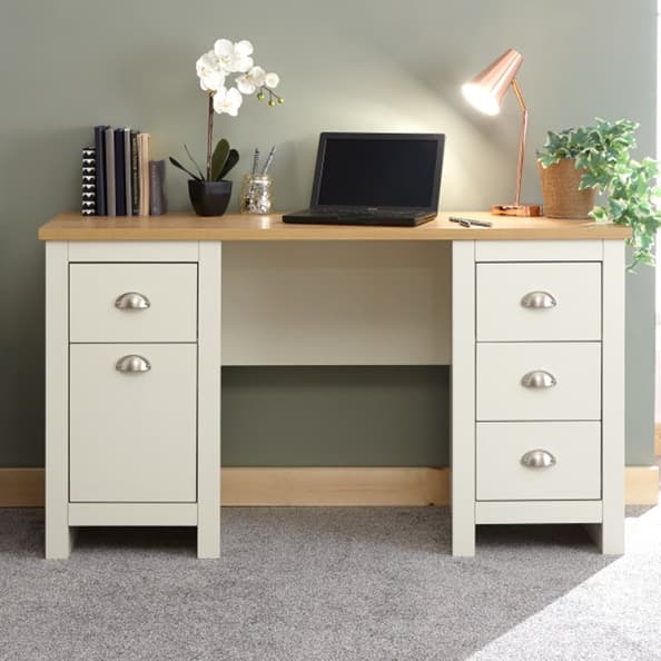 Loftus Wooden Laptop Desk With 1 Door 4 Drawers In Cream And Oak
