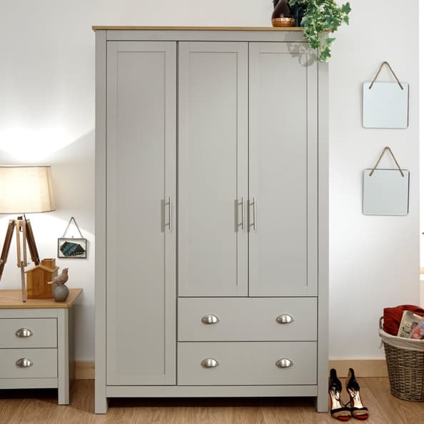 Loftus Wooden Wardrobe With 3 Doors 2 Drawers In Grey And Oak