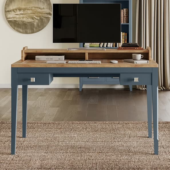 Sanford Wooden Laptop Desk With 2 Drawers In Blue And Oak