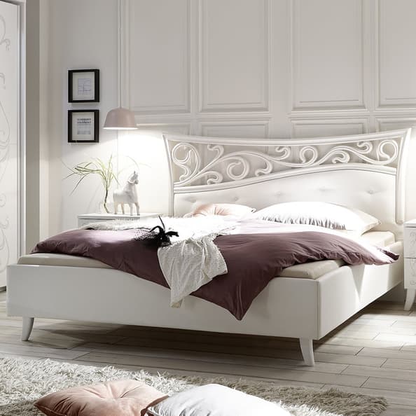 Solar Wooden King Size Bed In Serigraphed White