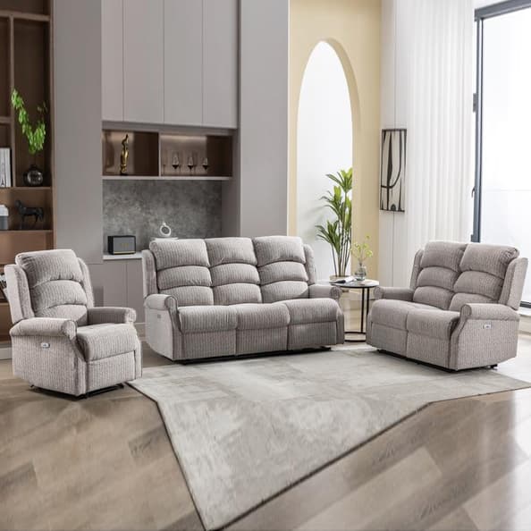 Warth Fabric Electric Recliner Sofa Suite In Natural
