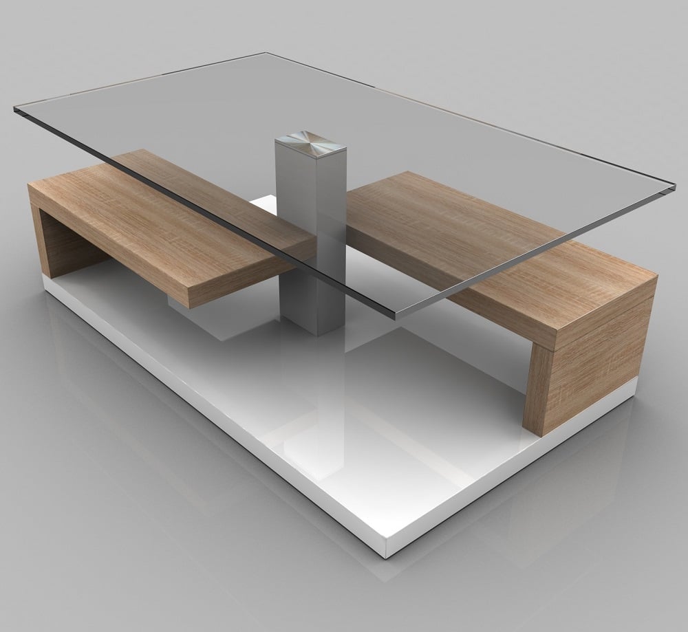 Tim Clear Glass Coffee Table With White Gloss And Oak Base