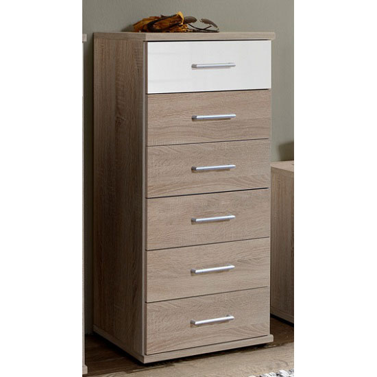 Read more about Gastineau 6 drawer chests in oak and white alpine gloss