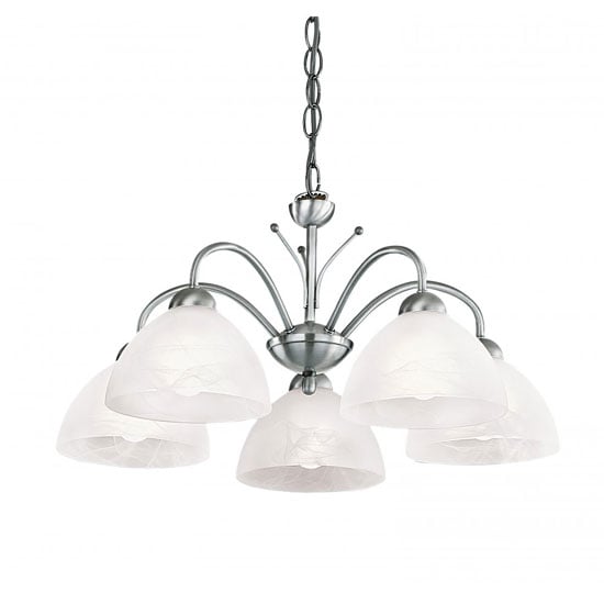 Read more about Milanese satin silver 5 light fitting with alabaster glass