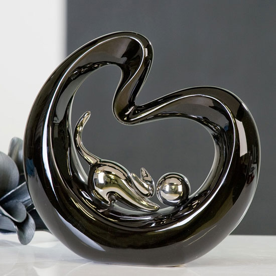 Read more about Playing cat sculpture in black with silver cat and ball