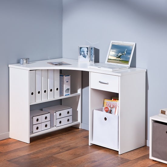 Halifax Corner Computer Desk In White With Drawer And Shelves_1