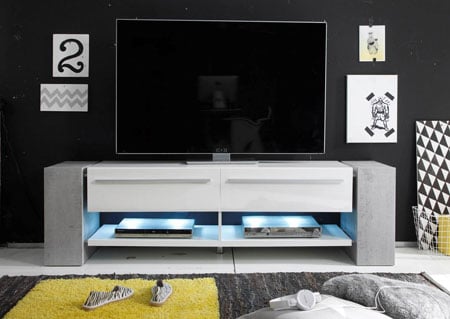 Time LCD TV Stand In Stone Decor With Gloss White Front And LED