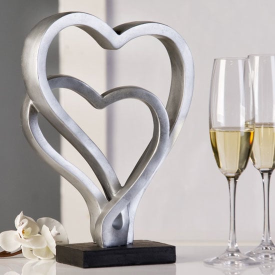 Product photograph of Hearts Sculpture In Silver With Black Base from Furniture in Fashion