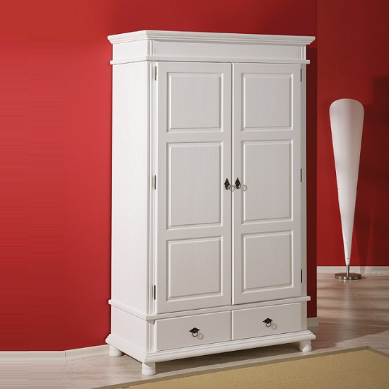 Danzig 2 Door Wardrobe In White Real Pine Wood With 2 Drawers_3