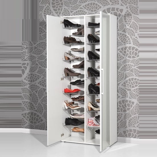 Carlucci Mirror Shoe Storage Cabinet in White Wood Finish