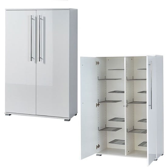 Inside Double Shoe Storage Cabinet With White Gloss Doors