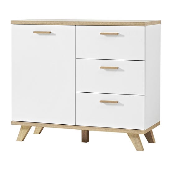 Ohio Sideboard In White And Solid Oak With 1 Door And 3 Drawers