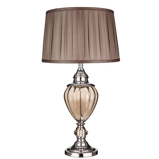 Chrome Table Lamp With Amber Glass And Brown Pleated Tapered Sha