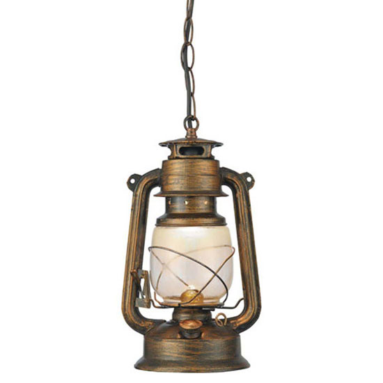 Read more about Miners 1 light lantern pendant in black gold with white glass