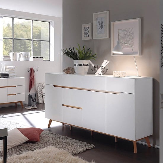 Photo of Merina modern sideboard in matt white and oak with 3 doors