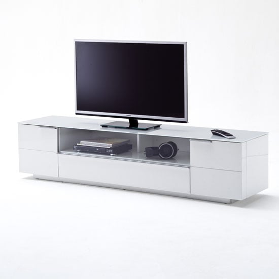 Canberra Lcd Tv Stand In Glass Top And White Gloss With 2 Door