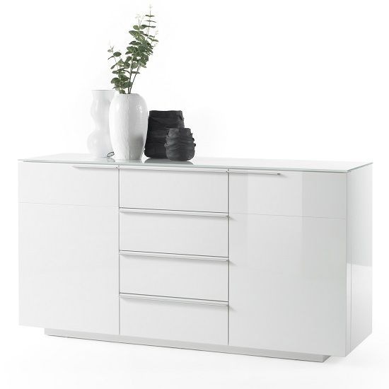 Canberra Sideboard In Glass Top And White Gloss With 4 Drawers