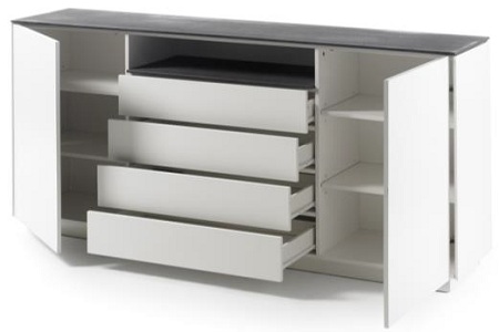 Denzel Sideboard In White Matt And Grey Glass Top And 4 Drawers